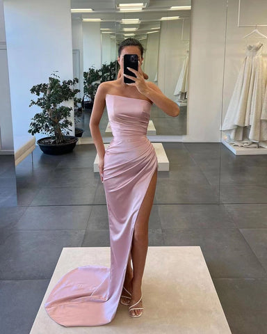 Gorgeous Red Sleeveless Satin Long Mermaid Evening Dress with Split