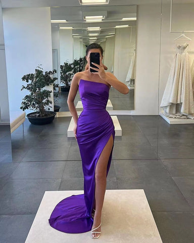Gorgeous Red Sleeveless Satin Long Mermaid Evening Dress with Split