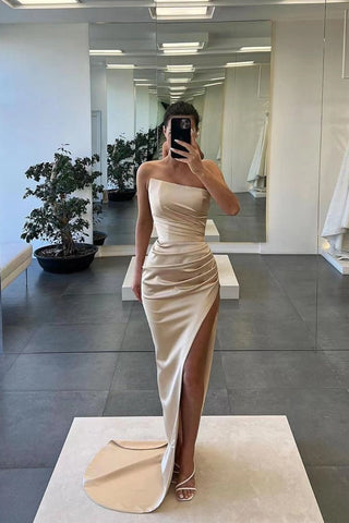 Gorgeous Red Sleeveless Satin Long Mermaid Evening Dress with Split
