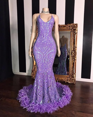Gorgeous Sleeveless Sequin Lace Mermaid Evening Dresses with Feather