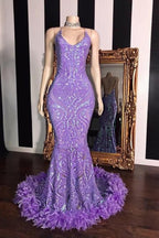 Gorgeous Sleeveless Sequin Lace Mermaid Evening Dresses with Feather
