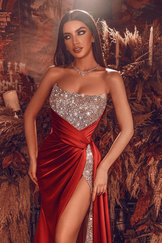 Gorgeous Long Strapless Mermaid Satin Evening Dresses with Split