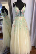 Wunderschönes langes Ballkleid mit Trägern und Blumenstickerei in A-Linie, PSK195