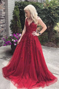 Magnifique Robe de Bal Longue avec Applications de Dentelle, Col en V et Bretelles, Bordeau PM241