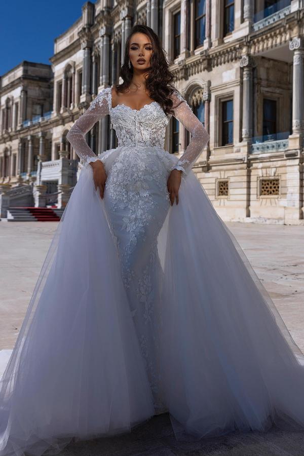 Wunderschönes Trägerloses Langarm-Spitzen Meerjungfrauen-Brautkleid Mit Abnehmbarer Schleppe