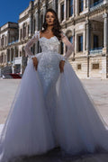 Wunderschönes Trägerloses Langarm-Spitzen Meerjungfrauen-Brautkleid Mit Abnehmbarer Schleppe