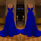 Lindos vestidos de noite azul royal com decote em coração, sem mangas, compridos, sereia, com racha