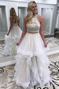 Splendido Abito da Ballo Lungo in Tulle Avorio Due Pezzi con Collo Alto e Perline  PG865