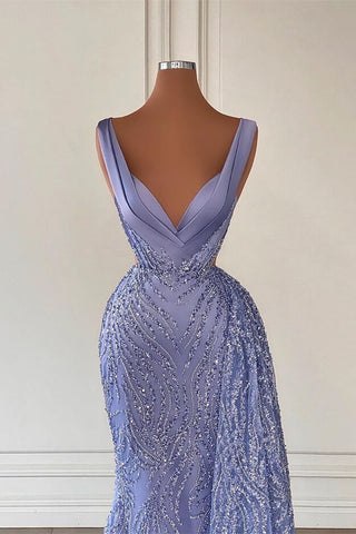 Gorgeous Long V-Neck Satin Beads Mermaid Evening Prom Dress