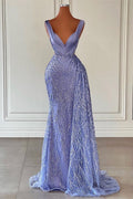 Hermoso Vestido de Noche Largo de Sirena con Cuentas de Satén y Escote en V