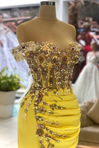 Lindos vestidos de festa compridos em cetim com decote em V e racha, estilo sereia amarela