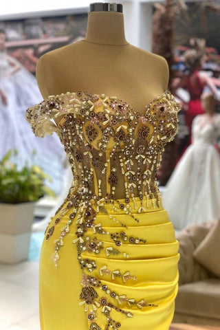 Gorgeous Yellow Mermaid Off-the-shoulder Satin Long Prom Dresses With Split