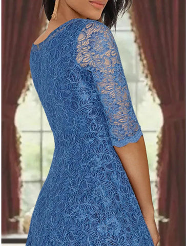 Zweiteiliges A-Linien-Kleid für die Mutter der Braut, formelle Hochzeitsgäste, Übergröße, eleganter U-Ausschnitt, knielang, Chiffon, Spitze, 3/4-Ärmel, Wickelkleid inklusive, mit Falten