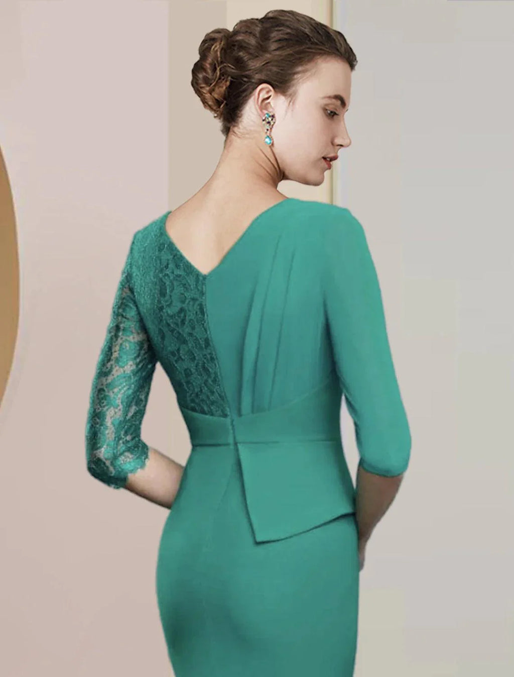 Vestido tubinho/coluna para mãe da noiva, festa formal para convidados de casamento, elegante, decote em V, comprimento até ao chão, chiffon, renda, meia manga com franzido