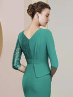 Vestido tubinho/coluna para mãe da noiva, festa formal para convidados de casamento, elegante, decote em V, comprimento até ao chão, chiffon, renda, meia manga com franzido