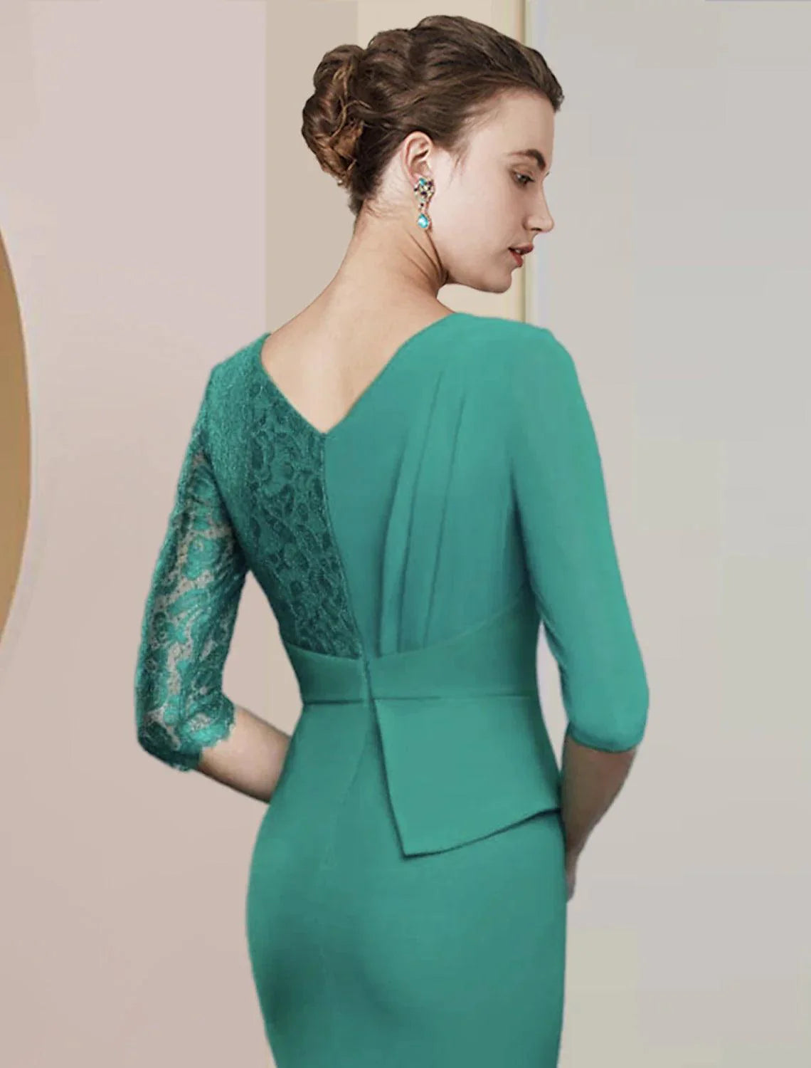 Vestido tubinho/coluna para mãe da noiva, festa formal para convidados de casamento, elegante, decote em V, comprimento até ao chão, chiffon, renda, meia manga com franzido