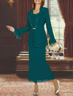 Vestido de mãe da noiva de duas peças, bainha/coluna, formal, para convidada de casamento, elegante, decote em joia, comprimento até ao tornozelo, chiffon, manga comprida, com contas, broche de cristal