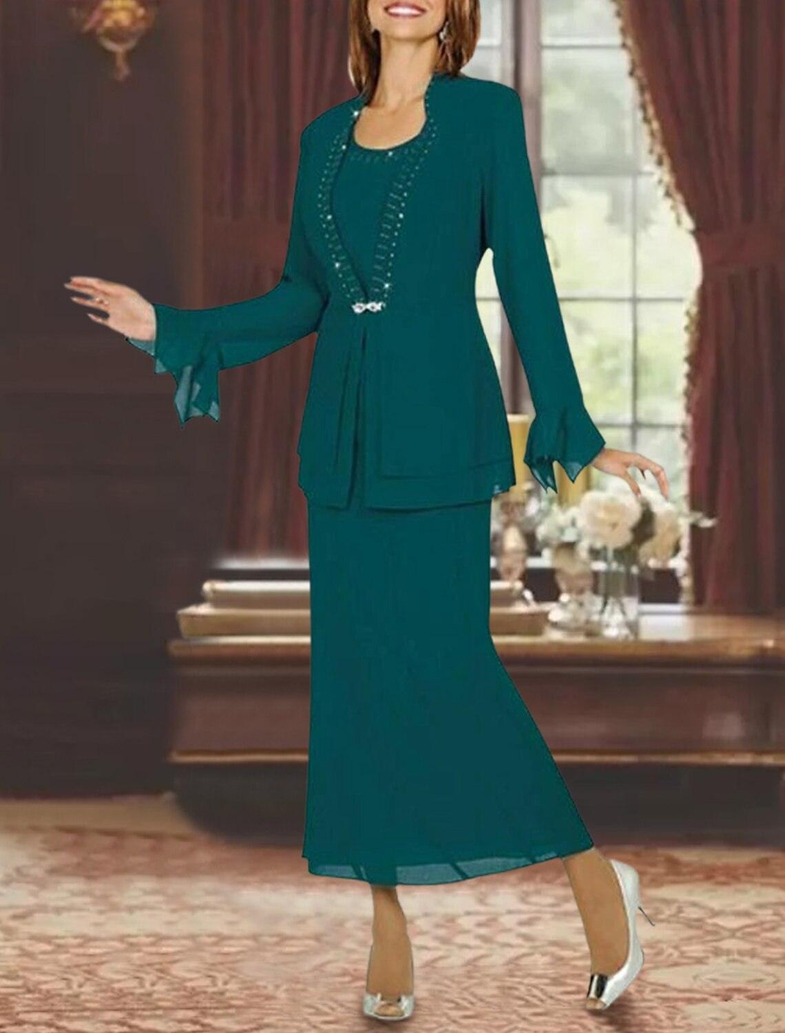 Vestido de mãe da noiva de duas peças, bainha/coluna, formal, para convidada de casamento, elegante, decote em joia, comprimento até ao tornozelo, chiffon, manga comprida, com contas, broche de cristal