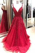 Abito da ballo rosso lungo a linea A con scollo a V e schiena aperta in pizzo elegante