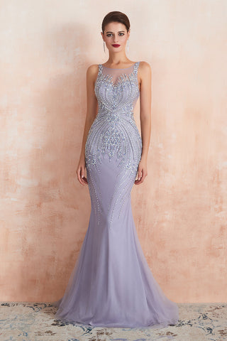 Graceful Long Jewel Tulle Mermaid Evening Dress