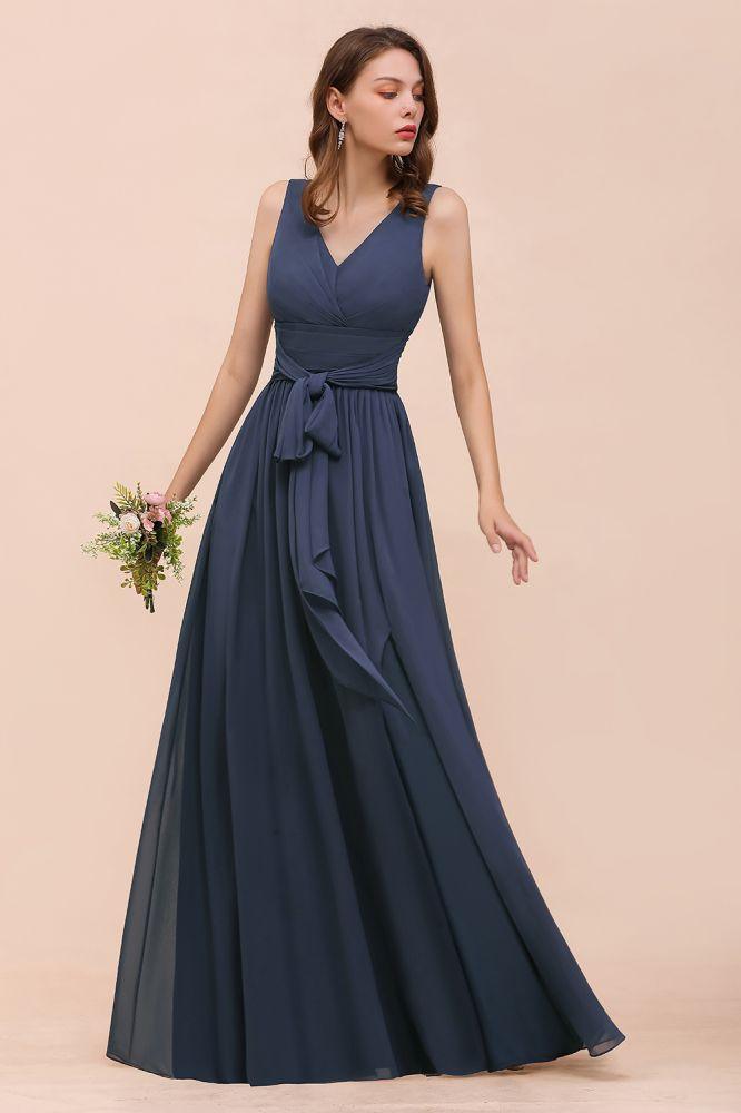 Gray Side Split Bridesmaid Dress V-Neck Sleeveless Floor Length dress for Bride