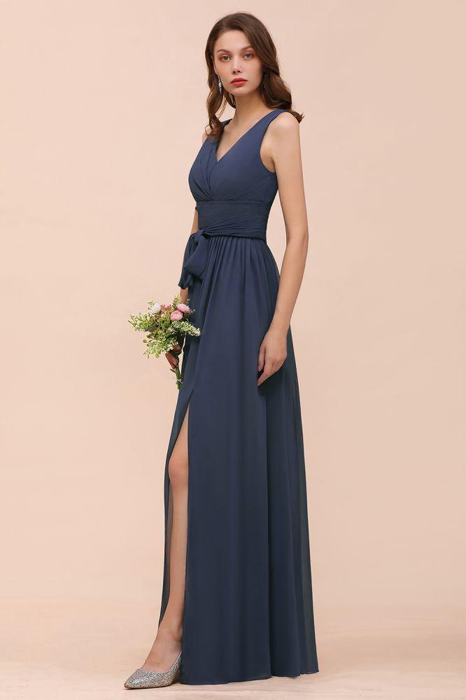 Gray Side Split Bridesmaid Dress V-Neck Sleeveless Floor Length dress for Bride