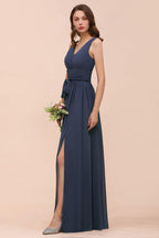 Gray Side Split Bridesmaid Dress V-Neck Sleeveless Floor Length dress for Bride