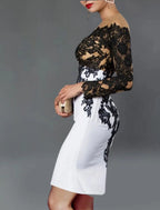 Robe cocktail gaine / colonne noire grande taille robe élégante robe d'invitée de mariage d'automne pour mère longueur thé manches longues décolleté bretelle tombante tissu extensible avec appliqués