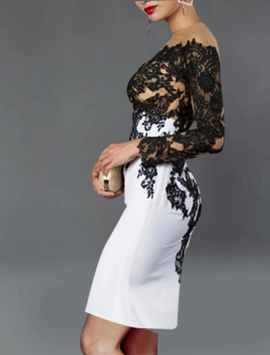 Vestido de cocktail preto com bainha/coluna, tamanho grande, elegante, para convidada de casamento no outono, para mãe, comprimento chá, manga comprida, ombro de fora, tecido elástico com aplicações