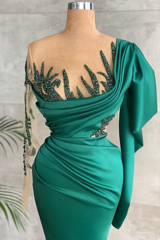 Long Sleeves Mermaid Satin Ruffles Beadings Prom Dress with Slit