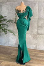 Long Sleeves Mermaid Satin Ruffles Beadings Prom Dress with Slit