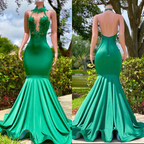 Long Halter Open Back Mermaid Open Back Evening Dress with Appliques Lace