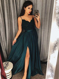 Vestito da ballo lungo verde in chiffon a linea A con scollo a V, schiena aperta e spacco