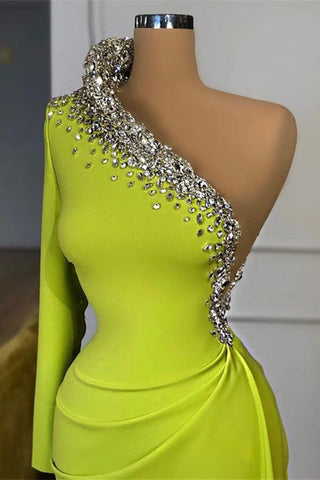 Dark Green Long Sleeves One Shoulder Beaded Mermaid Prom Dress