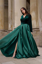 Green Long Sleeves A-line V-neck Velvet Prom Dress with Slit