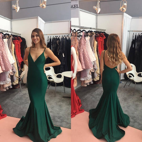 Mermaid Spaghetti Straps Satin Backless Green Long Prom Dress PG942