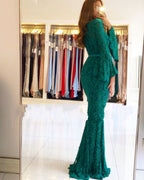 Grüne Meerjungfrau Sweetheart Spitze Lange Ballkleider mit Ärmeln