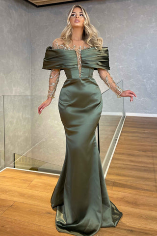 Mermaid Off-the-Shoulder Long Sleeves Satin Prom Dress with Beadings