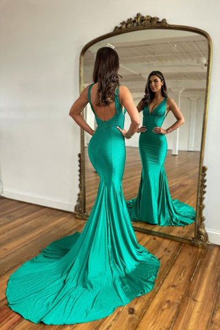 Long Mermaid V-neck Satin Open Back Evening Dresses with Beads