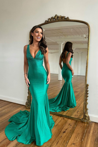 Long Mermaid V-neck Satin Open Back Evening Dresses with Beads