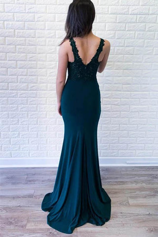Satin Mermaid Deep V-neck Appliques Green Prom Dress PSK073