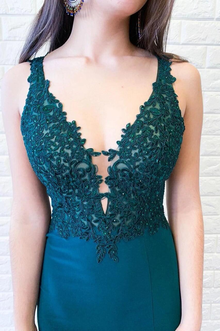 Vestido de festa verde com decote em V profundo e apliques em cetim sereia PSK073
