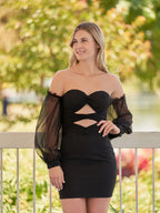 Schwarzes Abschulter-Kleid mit Schlüsselloch-Ausschnitt und Ballonärmeln für den Homecoming