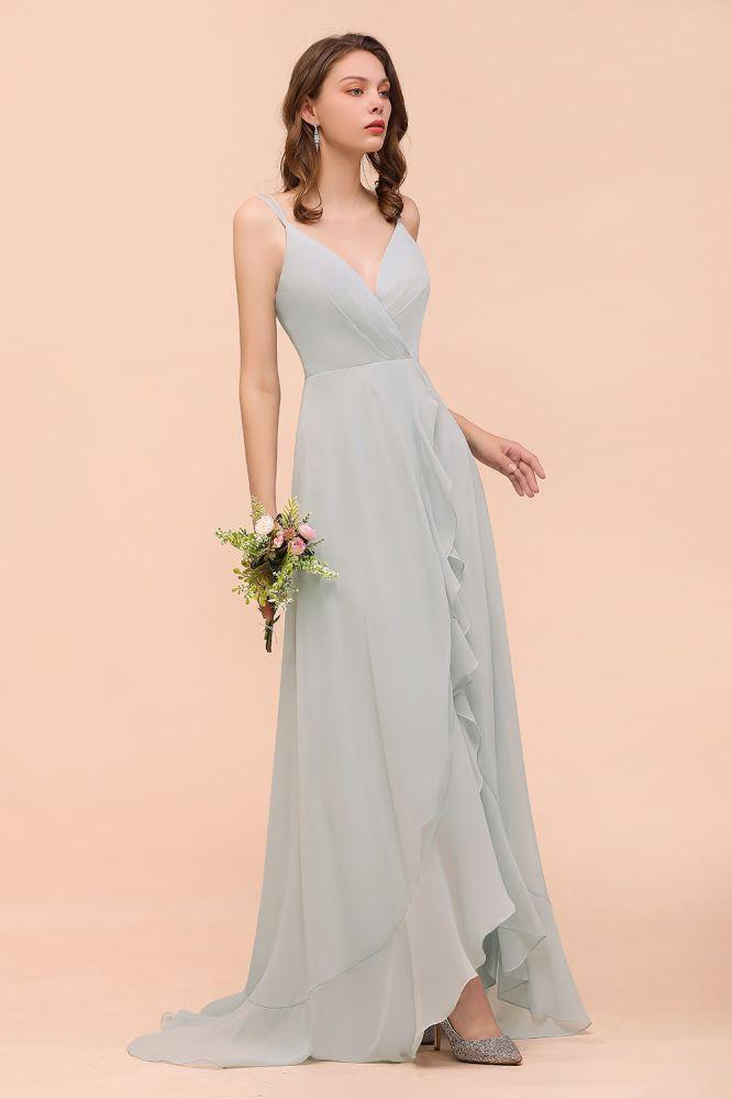 Grey Bridesmaid Dress Spaghetti V-Neck Ruffle Beach Wedding Party Dress