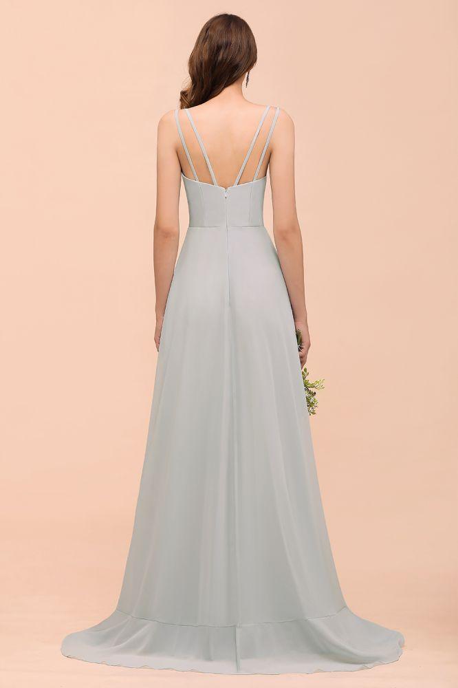 Grey Bridesmaid Dress Spaghetti V-Neck Ruffle Beach Wedding Party Dress