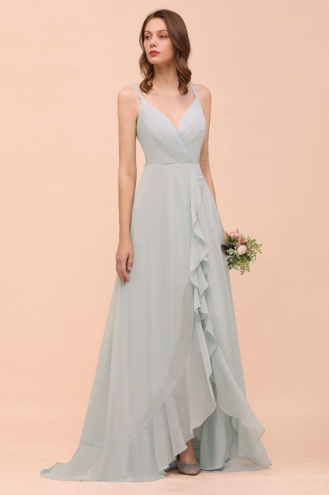 Grey Bridesmaid Dress Spaghetti V-Neck Ruffle Beach Wedding Party Dress