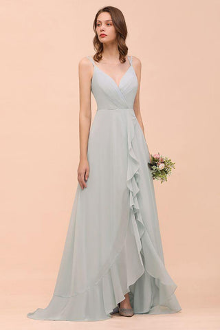 Graues Brautjungfernkleid Spaghetti V-Ausschnitt Rüschen Strandhochzeitspartykleid