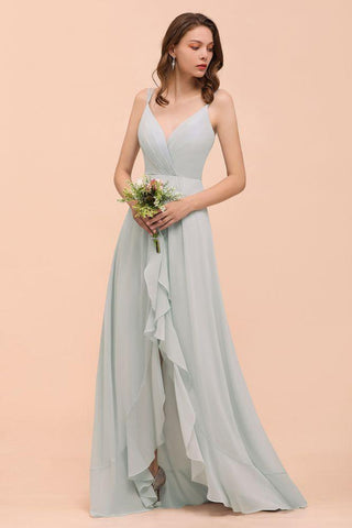 Graues Brautjungfernkleid Spaghetti V-Ausschnitt Rüschen Strandhochzeitspartykleid
