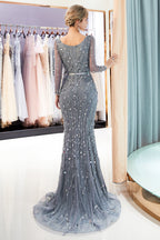 Grey Long Mermaid V-neck Tulle Evening Dresses with Sleeves