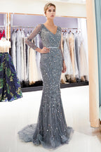 Grey Long Mermaid V-neck Tulle Evening Dresses with Sleeves